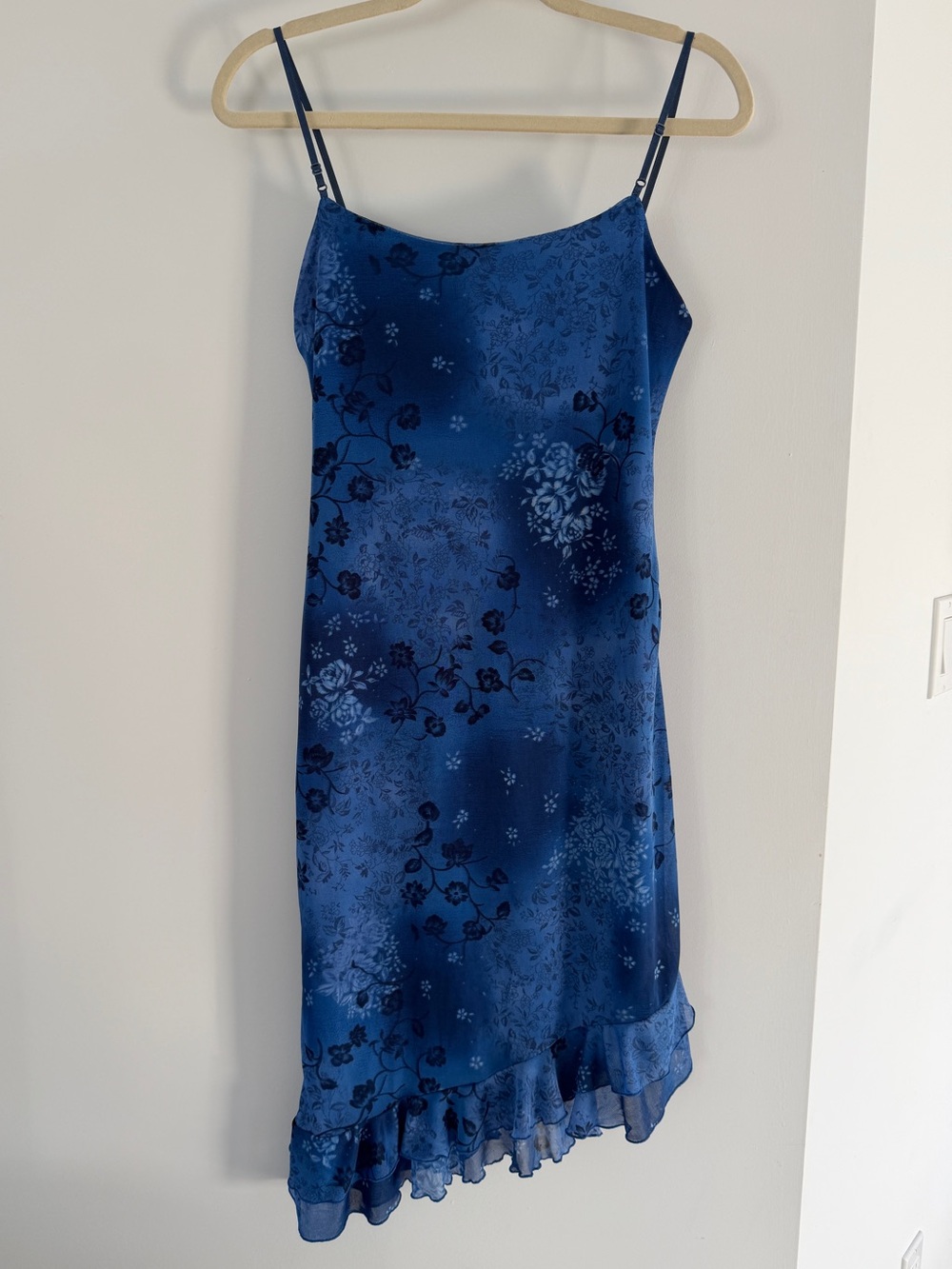 vintage Y2K City Triangles mesh cami slip dress vibrant blue floral print size M